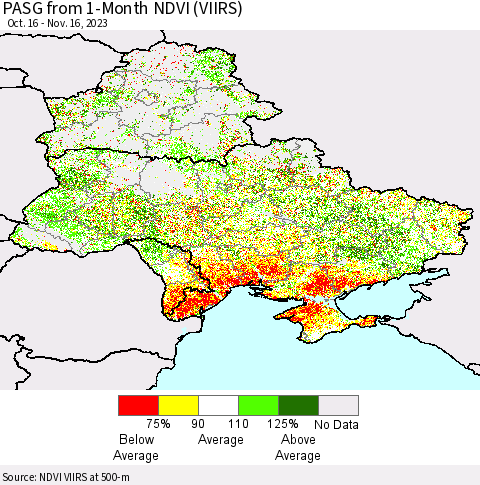 Ukraine, Moldova and Belarus PASG from 1-Month NDVI (VIIRS) Thematic Map For 11/9/2023 - 11/16/2023