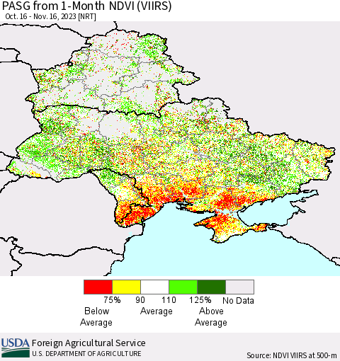 Ukraine, Moldova and Belarus PASG from 1-Month NDVI (VIIRS) Thematic Map For 11/11/2023 - 11/20/2023