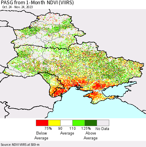 Ukraine, Moldova and Belarus PASG from 1-Month NDVI (VIIRS) Thematic Map For 11/17/2023 - 11/24/2023