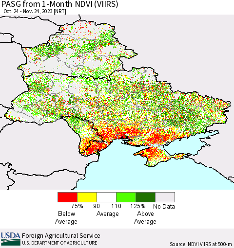 Ukraine, Moldova and Belarus PASG from 1-Month NDVI (VIIRS) Thematic Map For 11/21/2023 - 11/30/2023
