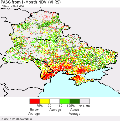 Ukraine, Moldova and Belarus PASG from 1-Month NDVI (VIIRS) Thematic Map For 11/25/2023 - 12/2/2023