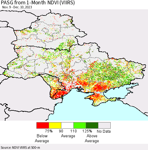 Ukraine, Moldova and Belarus PASG from 1-Month NDVI (VIIRS) Thematic Map For 12/3/2023 - 12/10/2023