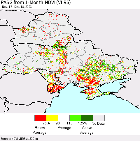 Ukraine, Moldova and Belarus PASG from 1-Month NDVI (VIIRS) Thematic Map For 12/11/2023 - 12/18/2023