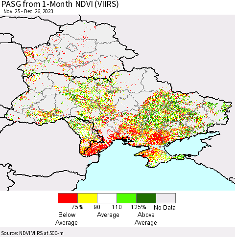 Ukraine, Moldova and Belarus PASG from 1-Month NDVI (VIIRS) Thematic Map For 12/19/2023 - 12/26/2023