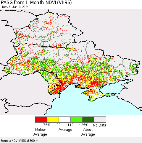 Ukraine, Moldova and Belarus PASG from 1-Month NDVI (VIIRS) Thematic Map For 12/27/2023 - 1/3/2024