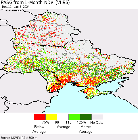 Ukraine, Moldova and Belarus PASG from 1-Month NDVI (VIIRS) Thematic Map For 1/1/2024 - 1/8/2024