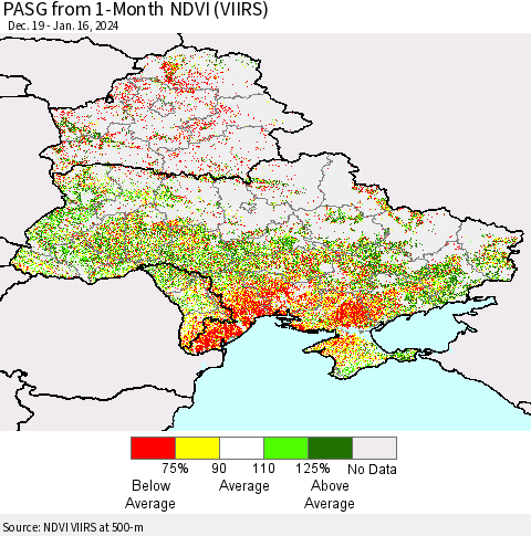 Ukraine, Moldova and Belarus PASG from 1-Month NDVI (VIIRS) Thematic Map For 1/9/2024 - 1/16/2024