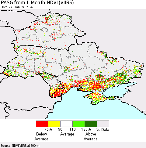Ukraine, Moldova and Belarus PASG from 1-Month NDVI (VIIRS) Thematic Map For 1/17/2024 - 1/24/2024