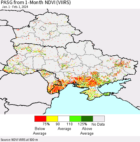 Ukraine, Moldova and Belarus PASG from 1-Month NDVI (VIIRS) Thematic Map For 1/25/2024 - 2/1/2024