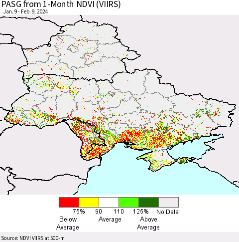 Ukraine, Moldova and Belarus PASG from 1-Month NDVI (VIIRS) Thematic Map For 2/2/2024 - 2/9/2024