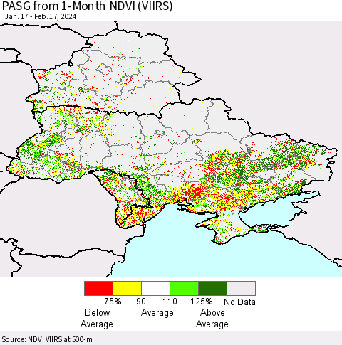 Ukraine, Moldova and Belarus PASG from 1-Month NDVI (VIIRS) Thematic Map For 2/10/2024 - 2/17/2024