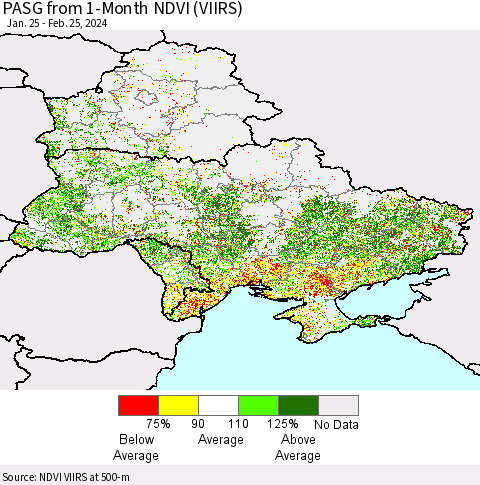 Ukraine, Moldova and Belarus PASG from 1-Month NDVI (VIIRS) Thematic Map For 2/18/2024 - 2/25/2024