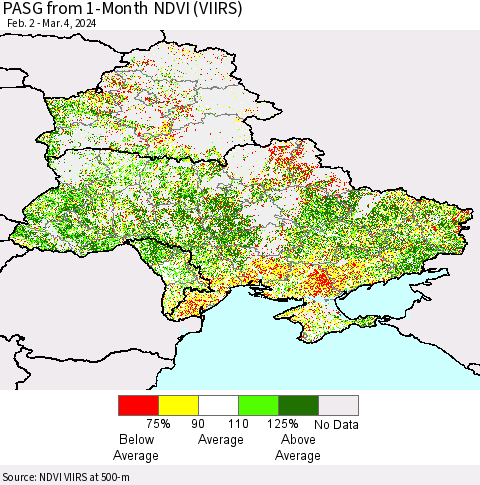 Ukraine, Moldova and Belarus PASG from 1-Month NDVI (VIIRS) Thematic Map For 2/26/2024 - 3/4/2024