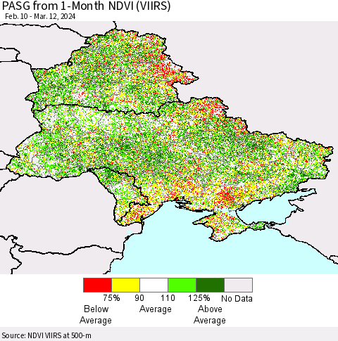 Ukraine, Moldova and Belarus PASG from 1-Month NDVI (VIIRS) Thematic Map For 3/5/2024 - 3/12/2024