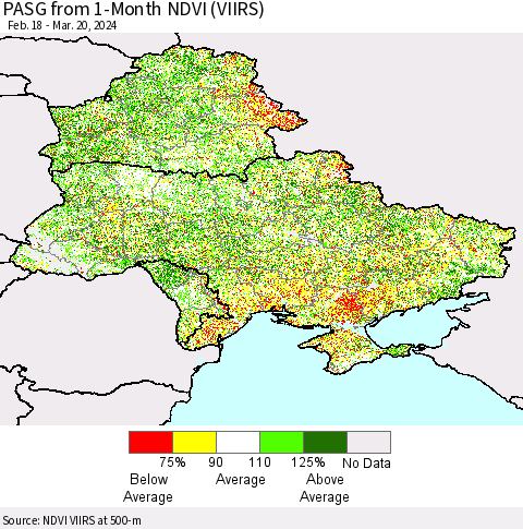 Ukraine, Moldova and Belarus PASG from 1-Month NDVI (VIIRS) Thematic Map For 3/13/2024 - 3/20/2024