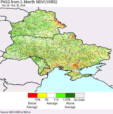 Ukraine, Moldova and Belarus PASG from 1-Month NDVI (VIIRS) Thematic Map For 3/21/2024 - 3/28/2024