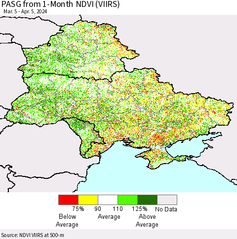 Ukraine, Moldova and Belarus PASG from 1-Month NDVI (VIIRS) Thematic Map For 3/29/2024 - 4/5/2024