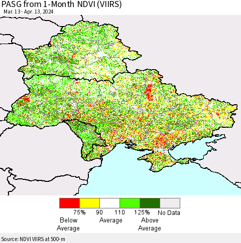 Ukraine, Moldova and Belarus PASG from 1-Month NDVI (VIIRS) Thematic Map For 4/6/2024 - 4/13/2024