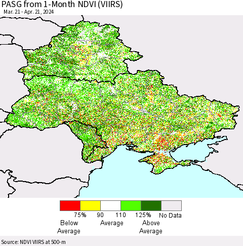 Ukraine, Moldova and Belarus PASG from 1-Month NDVI (VIIRS) Thematic Map For 4/14/2024 - 4/21/2024