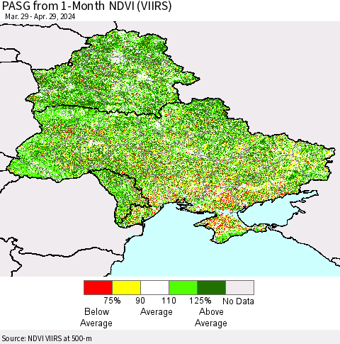 Ukraine, Moldova and Belarus PASG from 1-Month NDVI (VIIRS) Thematic Map For 4/22/2024 - 4/29/2024