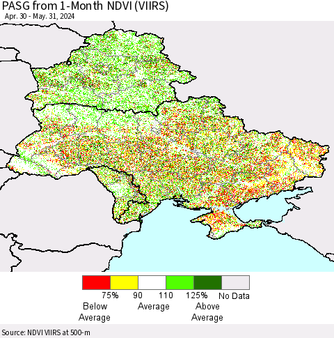 Ukraine, Moldova and Belarus PASG from 1-Month NDVI (VIIRS) Thematic Map For 5/24/2024 - 5/31/2024