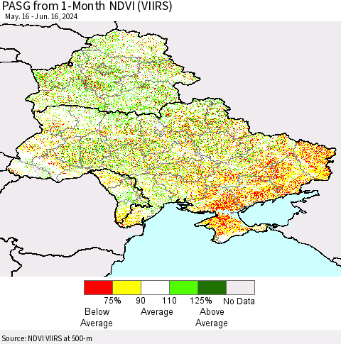 Ukraine, Moldova and Belarus PASG from 1-Month NDVI (VIIRS) Thematic Map For 6/9/2024 - 6/16/2024