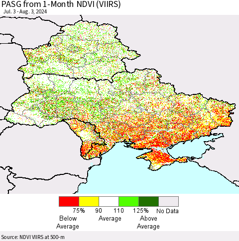 Ukraine, Moldova and Belarus PASG from 1-Month NDVI (VIIRS) Thematic Map For 7/27/2024 - 8/3/2024