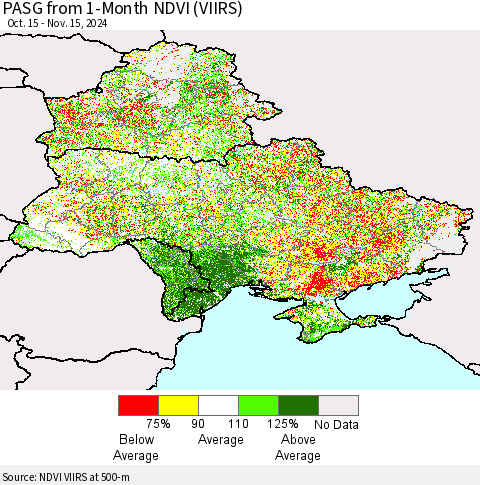 Ukraine, Moldova and Belarus PASG from 1-Month NDVI (VIIRS) Thematic Map For 11/8/2024 - 11/15/2024