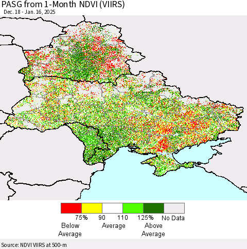 Ukraine, Moldova and Belarus PASG from 1-Month NDVI (VIIRS) Thematic Map For 1/9/2025 - 1/16/2025