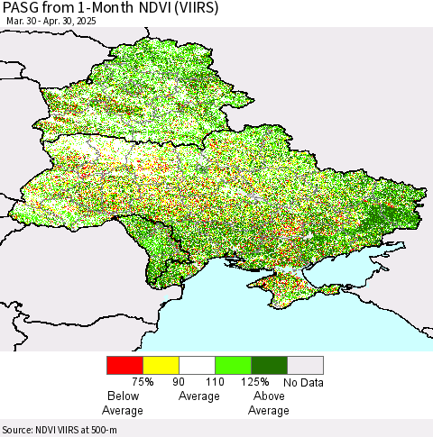 Ukraine, Moldova and Belarus PASG from 1-Month NDVI (VIIRS) Thematic Map For 4/23/2025 - 4/30/2025