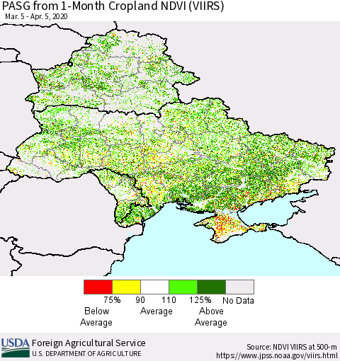 Ukraine, Moldova and Belarus PASG from 1-Month Cropland NDVI (VIIRS) Thematic Map For 4/1/2020 - 4/10/2020