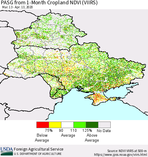 Ukraine, Moldova and Belarus PASG from 1-Month Cropland NDVI (VIIRS) Thematic Map For 4/11/2020 - 4/20/2020