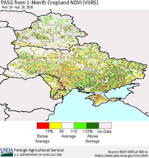 Ukraine, Moldova and Belarus PASG from 1-Month Cropland NDVI (VIIRS) Thematic Map For 4/21/2020 - 4/30/2020