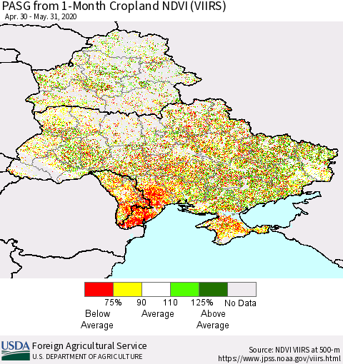 Ukraine, Moldova and Belarus PASG from 1-Month Cropland NDVI (VIIRS) Thematic Map For 5/21/2020 - 5/31/2020