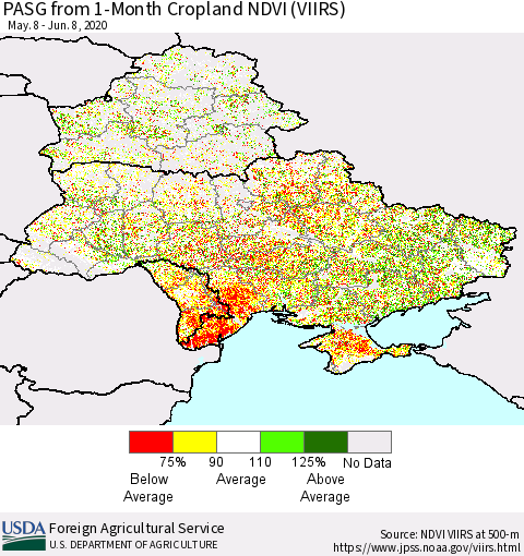 Ukraine, Moldova and Belarus PASG from 1-Month Cropland NDVI (VIIRS) Thematic Map For 6/1/2020 - 6/10/2020