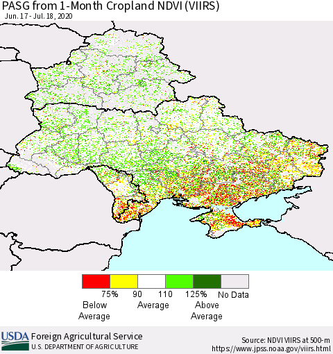 Ukraine, Moldova and Belarus PASG from 1-Month Cropland NDVI (VIIRS) Thematic Map For 7/11/2020 - 7/20/2020