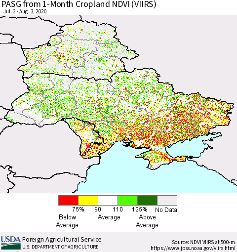 Ukraine, Moldova and Belarus PASG from 1-Month Cropland NDVI (VIIRS) Thematic Map For 8/1/2020 - 8/10/2020