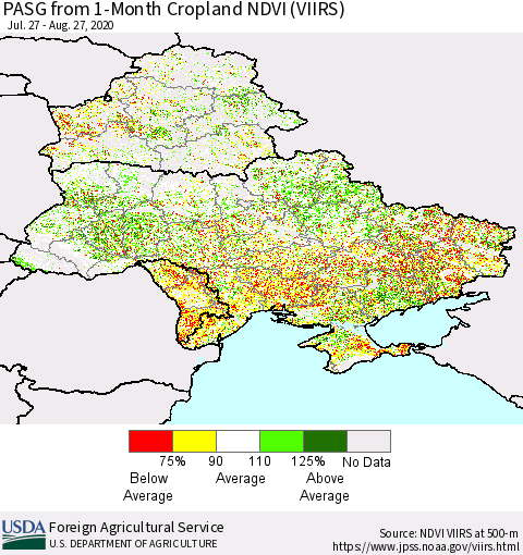 Ukraine, Moldova and Belarus PASG from 1-Month Cropland NDVI (VIIRS) Thematic Map For 8/21/2020 - 8/31/2020