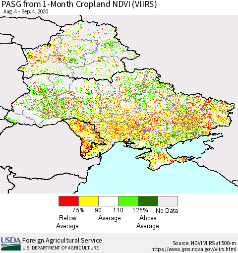 Ukraine, Moldova and Belarus PASG from 1-Month Cropland NDVI (VIIRS) Thematic Map For 9/1/2020 - 9/10/2020
