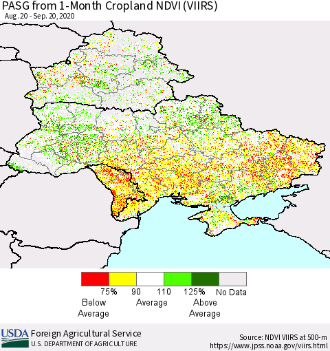 Ukraine, Moldova and Belarus PASG from 1-Month Cropland NDVI (VIIRS) Thematic Map For 9/11/2020 - 9/20/2020