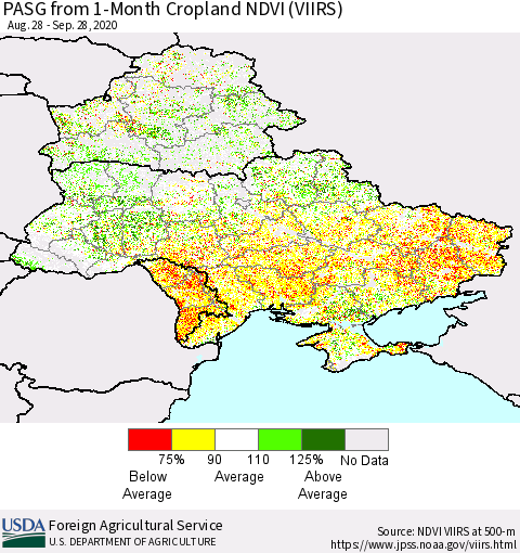 Ukraine, Moldova and Belarus PASG from 1-Month Cropland NDVI (VIIRS) Thematic Map For 9/21/2020 - 9/30/2020