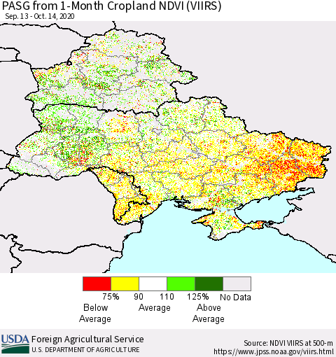 Ukraine, Moldova and Belarus PASG from 1-Month Cropland NDVI (VIIRS) Thematic Map For 10/11/2020 - 10/20/2020