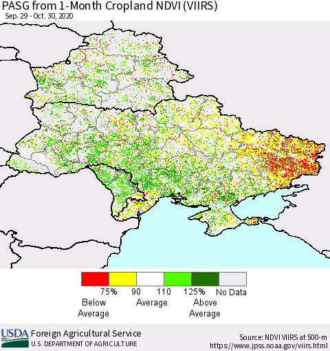 Ukraine, Moldova and Belarus PASG from 1-Month Cropland NDVI (VIIRS) Thematic Map For 10/21/2020 - 10/31/2020