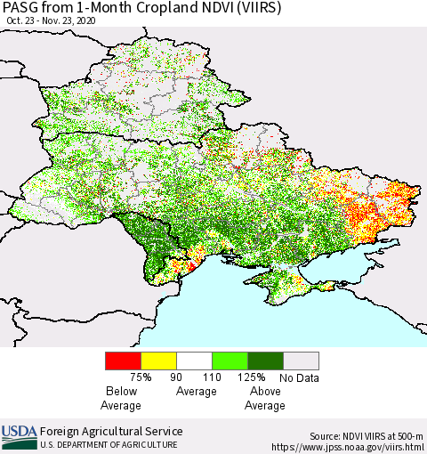 Ukraine, Moldova and Belarus PASG from 1-Month Cropland NDVI (VIIRS) Thematic Map For 11/21/2020 - 11/30/2020