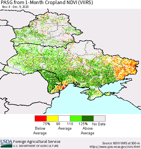 Ukraine, Moldova and Belarus PASG from 1-Month Cropland NDVI (VIIRS) Thematic Map For 12/1/2020 - 12/10/2020