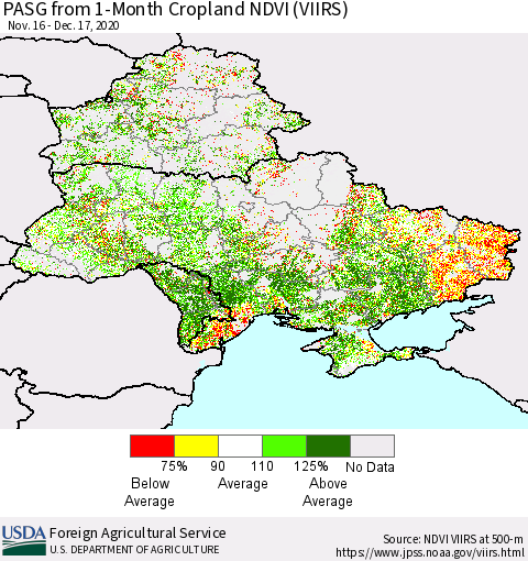 Ukraine, Moldova and Belarus PASG from 1-Month Cropland NDVI (VIIRS) Thematic Map For 12/11/2020 - 12/20/2020