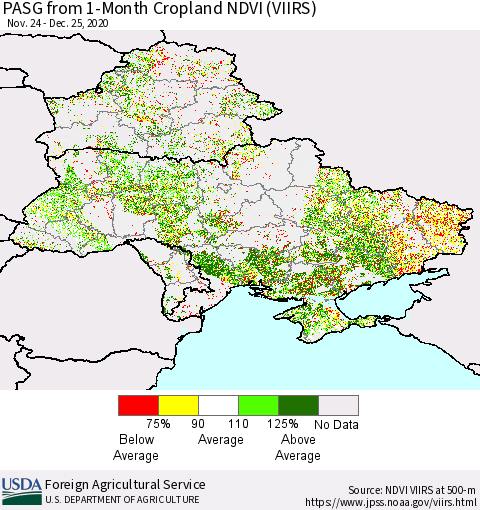 Ukraine, Moldova and Belarus PASG from 1-Month Cropland NDVI (VIIRS) Thematic Map For 12/21/2020 - 12/31/2020