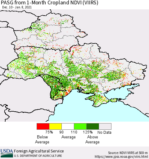 Ukraine, Moldova and Belarus PASG from 1-Month Cropland NDVI (VIIRS) Thematic Map For 1/1/2021 - 1/10/2021