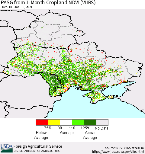 Ukraine, Moldova and Belarus PASG from 1-Month Cropland NDVI (VIIRS) Thematic Map For 1/11/2021 - 1/20/2021