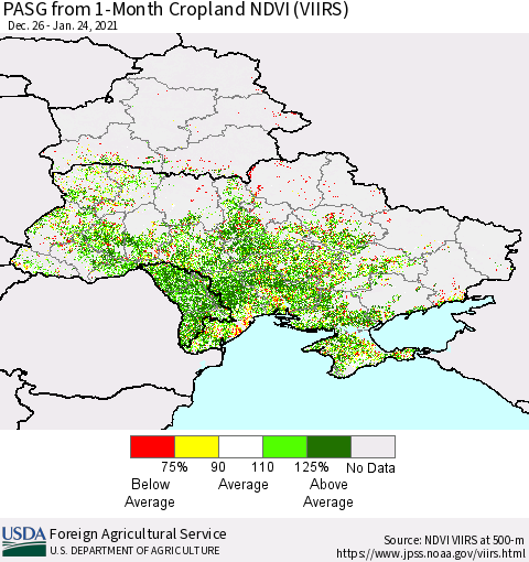 Ukraine, Moldova and Belarus PASG from 1-Month Cropland NDVI (VIIRS) Thematic Map For 1/21/2021 - 1/31/2021
